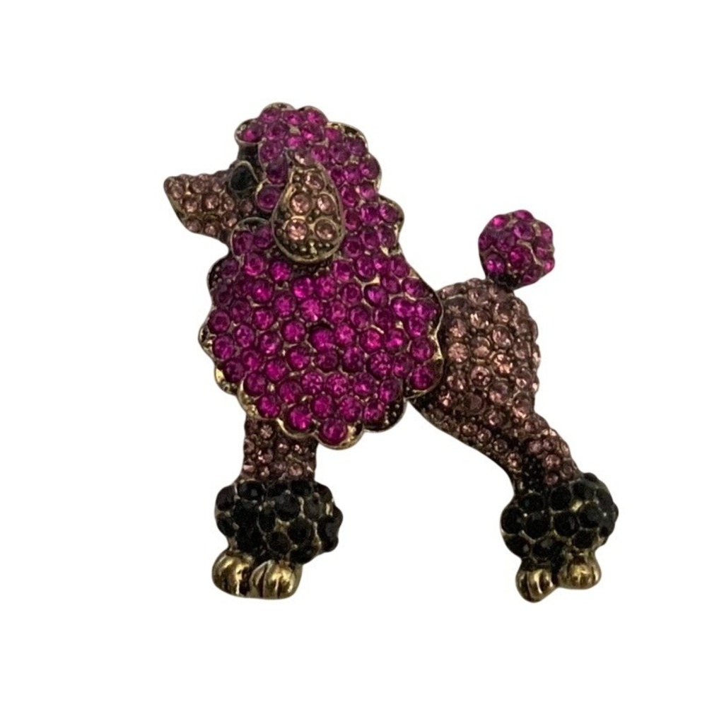 Vintage Pink Magenta Rhinestone Poodle Dog Brooch Gold Tone Crystal Animal Pin